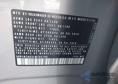 2020 Volkswagen Tiguan 2.0T S из США, поврежденный, VIN 3VV1B7AX2LM103166